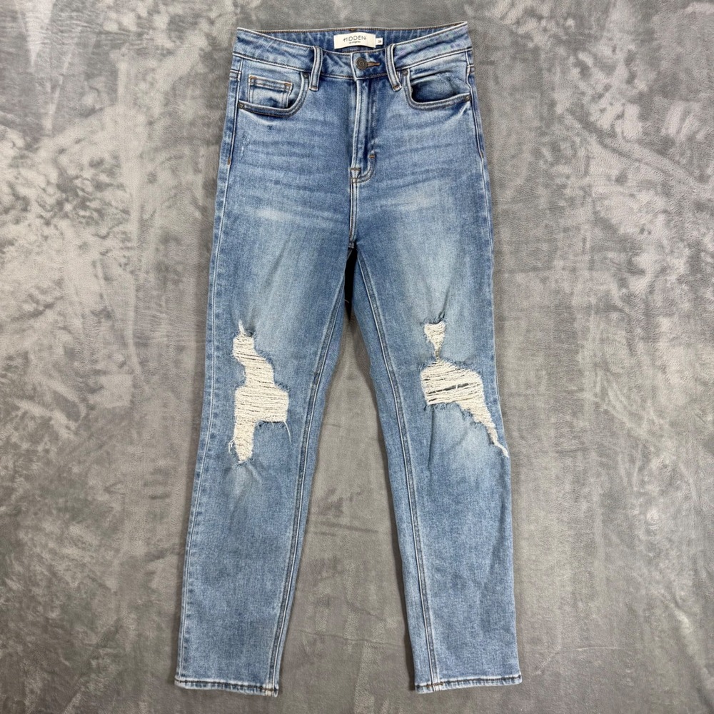 Hidden Jeans High Rise Straight Leg Jeans Women's Size 26 Light Blue Distressed